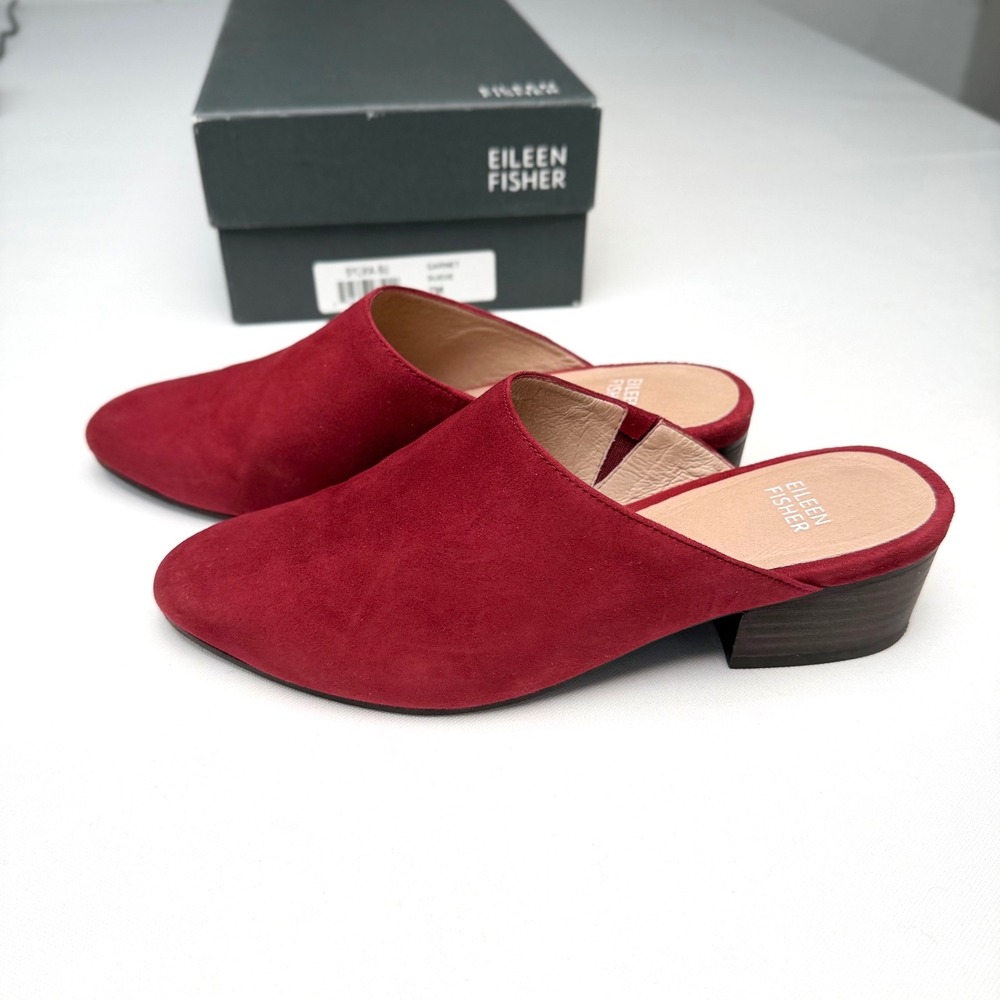 Eileen Fisher Sylvia Suede Mules Garnet Red 7M Capsule Career Luxury Chic - Picture 9 of 11
